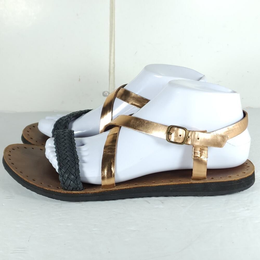 UGG Women's Jordyne US9 Leather Metallic Rose Copper Black Braided Sandals - Picture 2 of 16